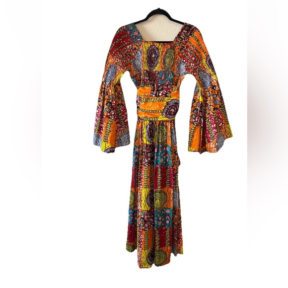 VTG African Star Bohemian Maxi Dress Off The Shoulder Oversized Flared Sleeve OS - Picture 12 of 15